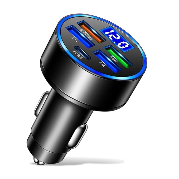 "amiciAuto 65W Universal Car Charger with 5 Ports, including 4 USB and 1 Type-C, featuring QC 3.0 fast charging and battery voltage monitoring."