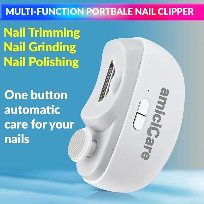 "Close-up of amiciCare electric nail cutter showcasing dual-speed functionality for efficient trimming and polishing."