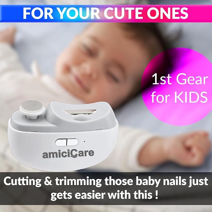 amiciCare nail cutter safely trimming a baby’s nails, with gentle and efficient dual-speed control.