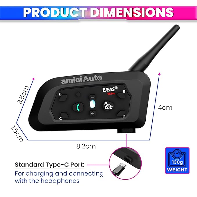 Ejeas V6 Pro Helmet Bluetooth Intercom – 6 Rider Connectivity | Noise Reduction Headset with Mic for Bikers