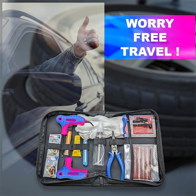 Universal Tubeless Tyre Puncture Repair Kit with Premium Storage Bag - Ideal for Car, Bike, SUV & Motorcycle